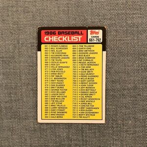 1986 Topps Checklist Baseball Card Trading Card